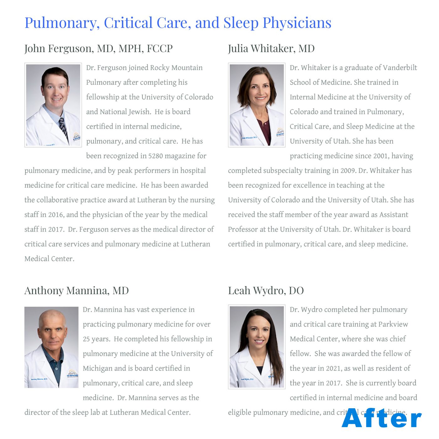 Four headshots of doctors from Rocky Mountain Pulmonary Associates in Denver, Colorado.